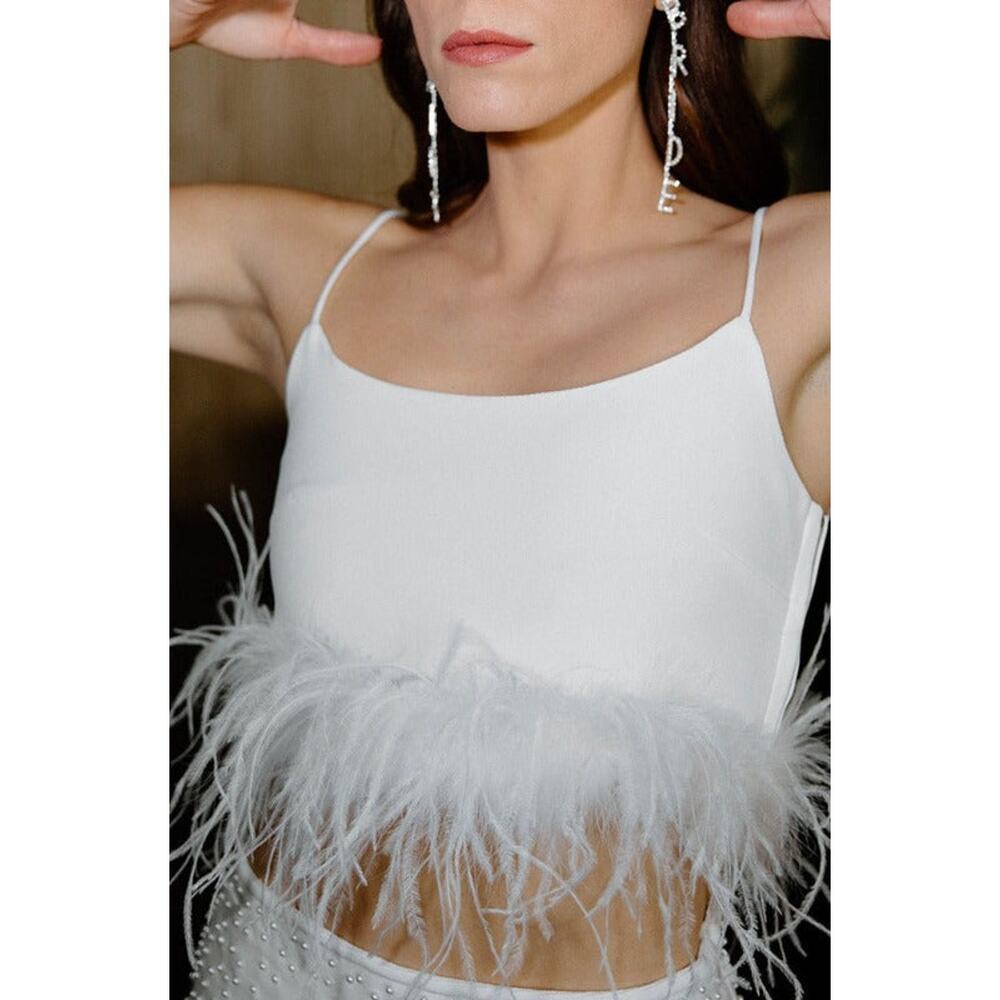 Elegant White Feather Trim Crop Top